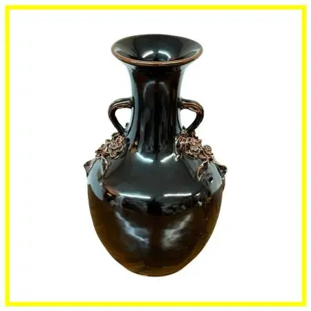 Antique Replica Chinese Dark Glaze Twin-handle Floral Pottery Vase