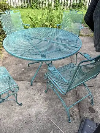 Vintage Wrought Iron Patio Table and 4 Chairs Set with umbrella