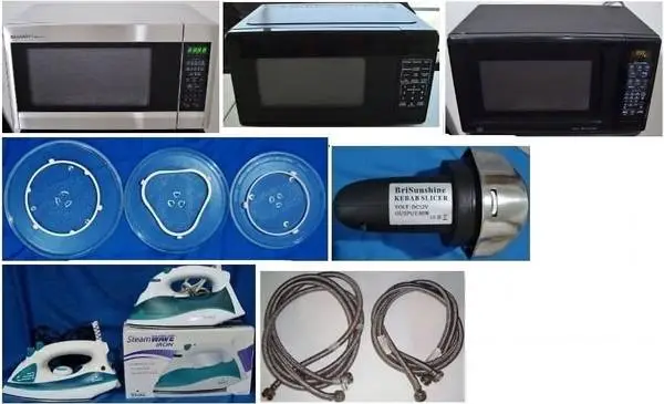Microwaves+turntables; cordless slicer, Rival irons, SS hoses
