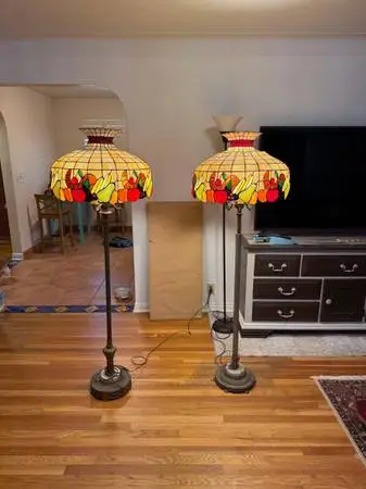 Pair of Antique 66 Stained Glass Floor Lamps - Fruit Motif