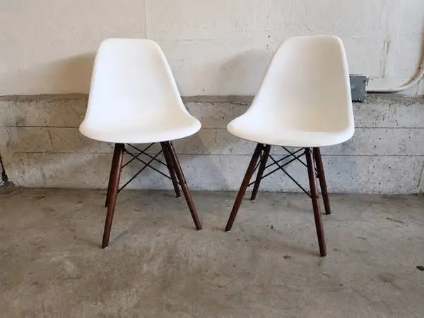 Eames Style Molded Shell Dining Chairs White Wood Eiffel Base Pair