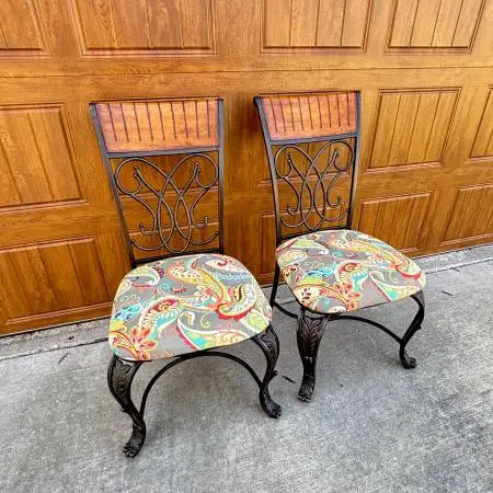 Set of 2 Metal with Wood Back Chairs w/Colorful Fabric Seat Cushions