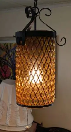 MCM Blown Glass in Wrought Iron Frame Hanging Lamp mid century Modern