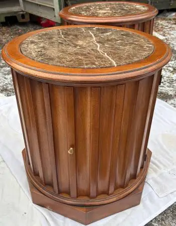 2 - Vintage barrel-style wood end tables