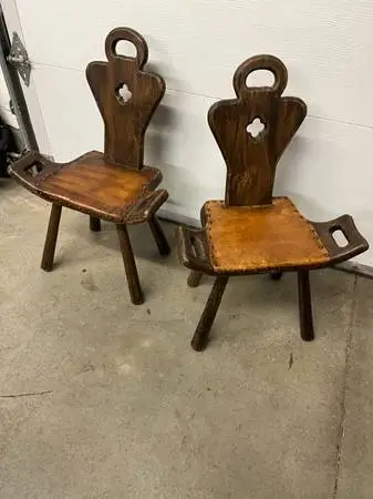 Vintage hand carved chairs- milking stools- Spain