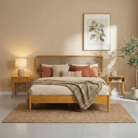 LIKE NEW: Mid-Century Modern King Bed Frame + 14 Hybrid Mattress