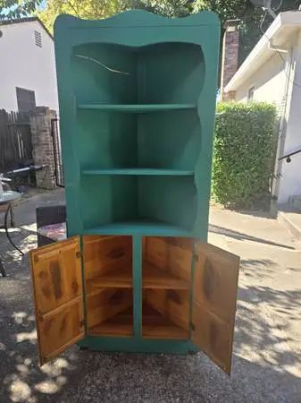 Vintage Solid Wood Corner Hutch / Bookshelf – Teal/Green Accent Cabinet