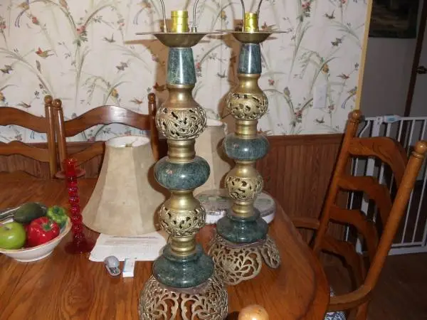 Trade? Beautiful 1950s Japanese/Persian Green marble/Brass lamps