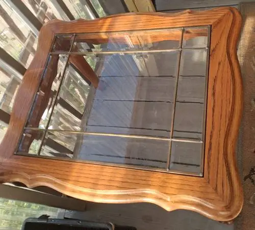 Pair Of Oak Leaded Glass Top End Tables