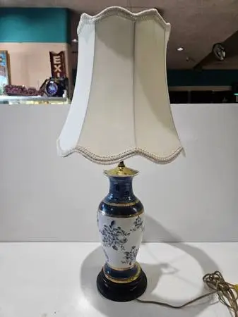 Ceramic Table Lamp Blue Floral Gold Trim Cream Shade Vintage Style