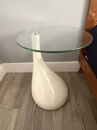 White Teardrop Side Table with Round Glass Top, Modern Sculptural
