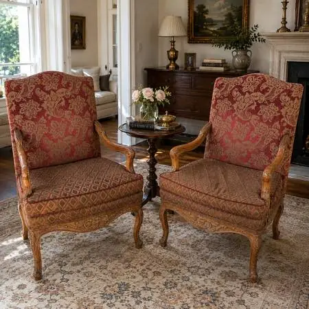 Pair Vintage Louis XV French Provincial Carved Armchairs