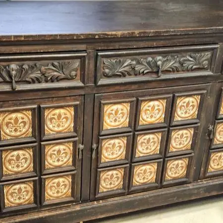 Vintage Carved Wood  Sideboard with Fleur de Lis Tiles