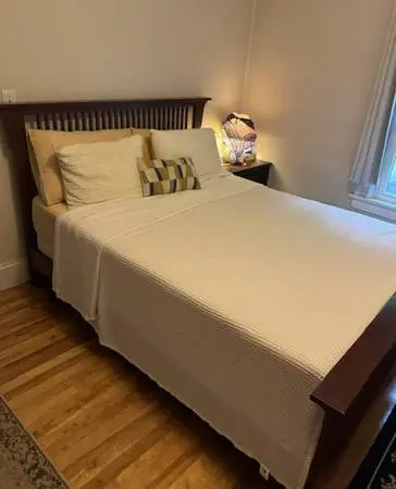 Oak bed, boxspring and nightstand