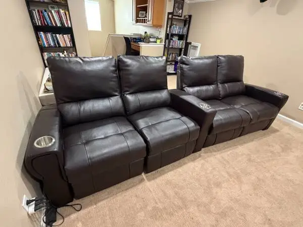 Home theater seating - Brown Leather Power Curved Dual Love Seats