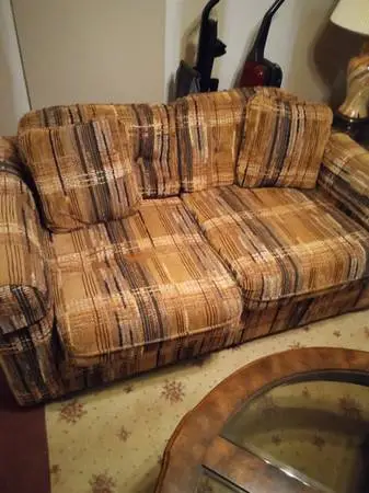 Recliner, love seat, glass top end and coffee tables