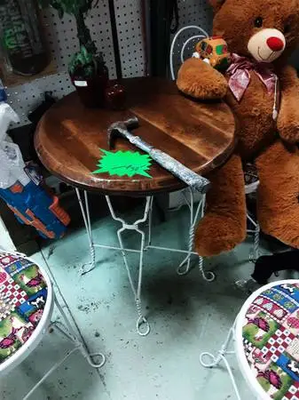 3 White Metal Chairs Metal Table Wood Top