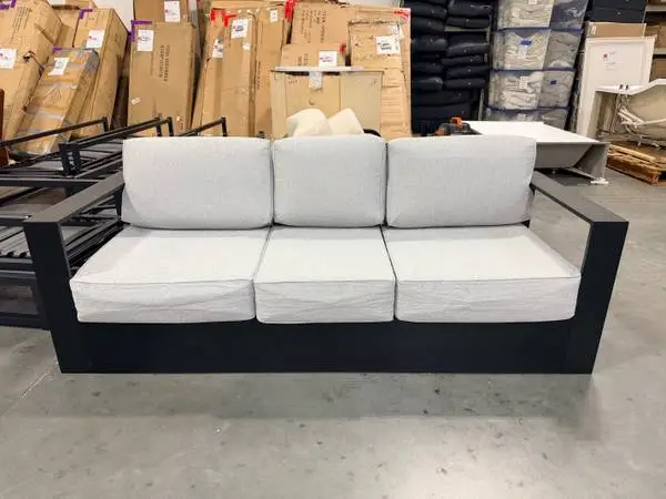 Ivy Bronx Modern Outdoor Black Aluminum 3 Seater Sofa Gray Cushions