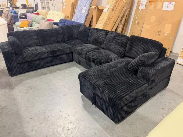 Shariff U-Shaped Black Corduroy Sectional Sofa With Pull-Out Bed