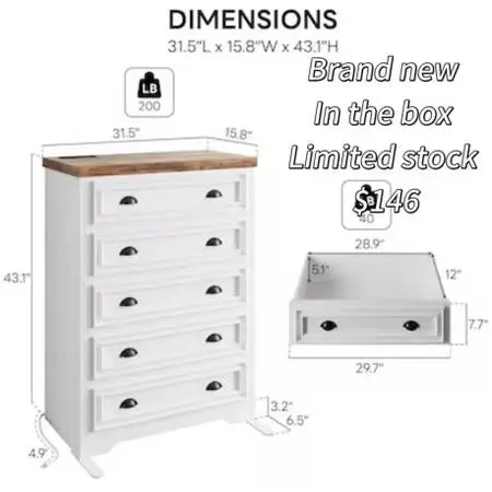 Likimio 31.5-in W White Wood Dresser with 5 Drawers