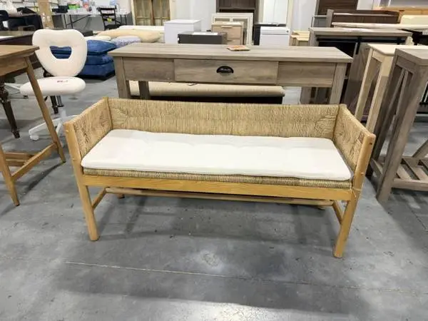 Elden Wood Bench With Wicker Back And Loose Cushion Seat Beige
