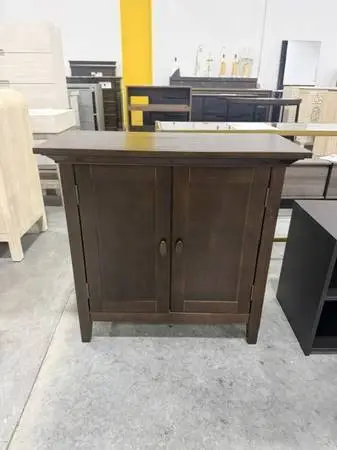 Simpli Home Redmond Low 2 Door Storage Cabinet Dark Walnut Brand New
