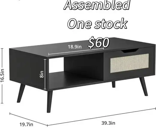 DIYART Black Rattan Coffee Table, Mid Century Modern with Drawer