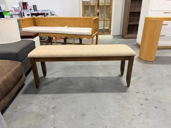 Nil 49 Bench Beige Upholstered Seat Cherry Brown Wood Base Brand New