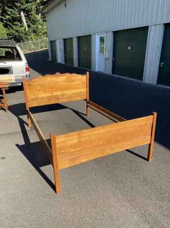 Vintage Solid Oak Full-Size Bed Frame - Carved Headboard, Complete w/
