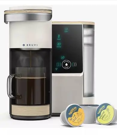 Bruvi Coffee Single-Pod Coffee, Off White-Bamboo-Stainless Steel, NEW