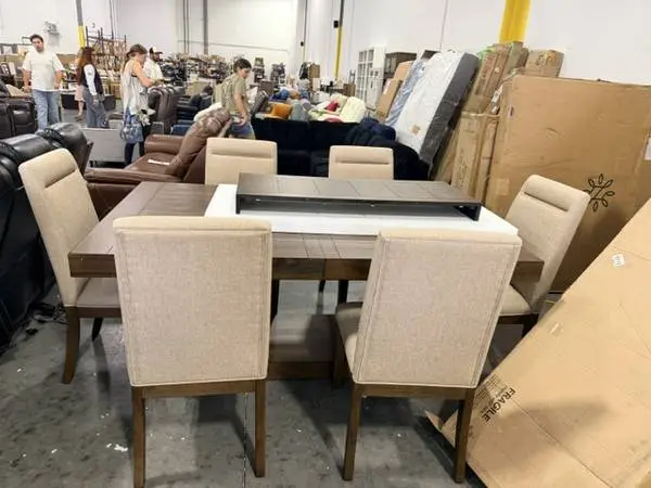 Jaquelyn 70-88 Extendable Trestle Dining Set 6 Chairs Toffee/Beige