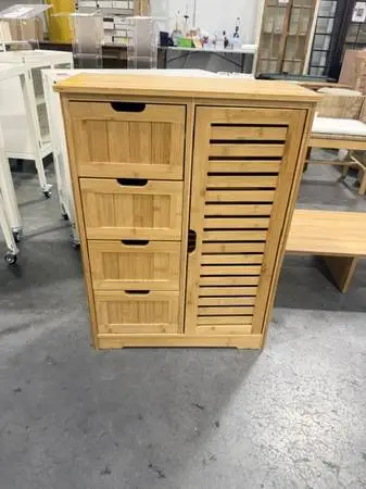 Veikous Yellow Bamboo Freestanding Linen Cabinet 2 Removable Shelves