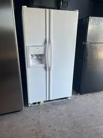 Side by side white garage fridge