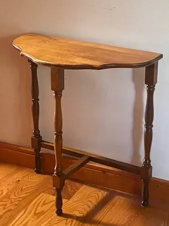 Vintage small accent half round wall table solid wood 3 legged