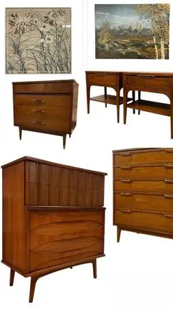Vintage Mid Century Modern Credenza Dresser Sofa Table Rug Desk Art Painting (Bi