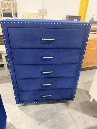 Willa Arlo Orton 5 Drawer Blue Velvet Upholstered Dresser Chest