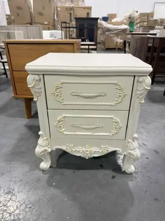 Famapy Nightstand Gold Accent Carvings Bedside Table Vintage White New