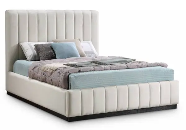 Meridian Lucia Cream Linen Textured Fabric Upholstered Queen Bed Frame