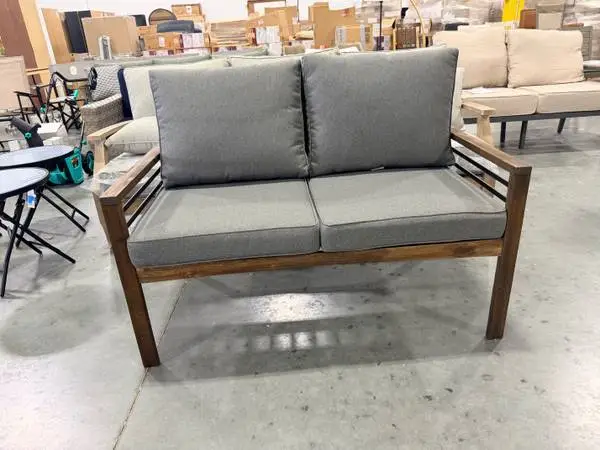 Pearson Modern Wood And Metal Outdoor Loveseat In Gray/Dark Brown
