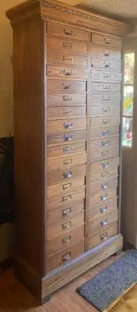 Vintage Wooden Supply Cabinet with 36 Drawers and Oak Fronts, c. 1890-