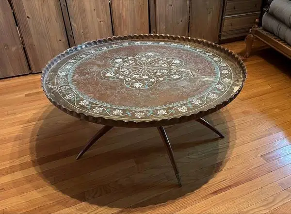 Vintage Moroccan Tray Table - Solid Brass with Folding Spider Leg Base