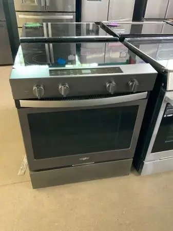 **WHIRLPOOL BLACK STEEL ELECTRIC SLIDE IN STOVE**ON SALE NOW**