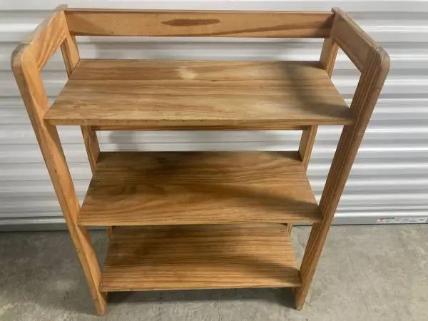 Book/utility shelf,solid wood,3 tier,natural finish,clean.