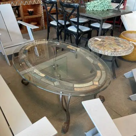 Oval Mosaic Tile/ Iron & Glass Coffee Table - 48X32X20.5H
