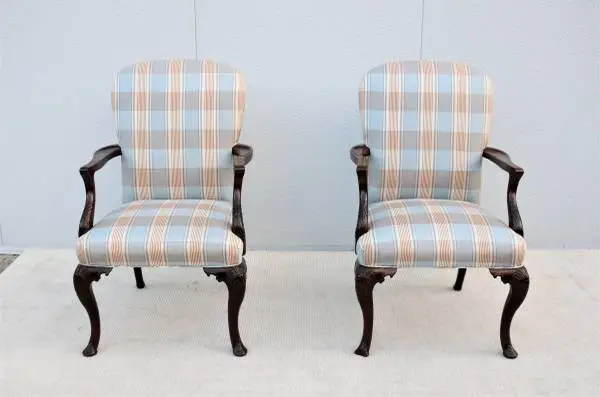 Vintage Traditional Queen Anne Style Walnut Armchairs - a Pair
