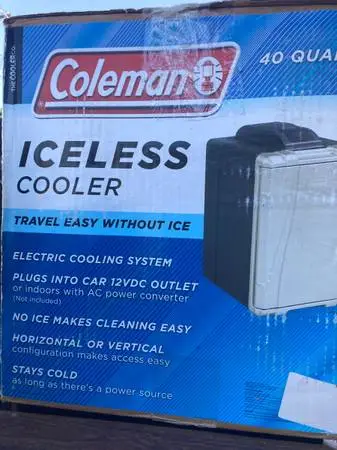 Cooler,Coleman,iceless,40 qt,holds 44 cans,cig lighter.in box.