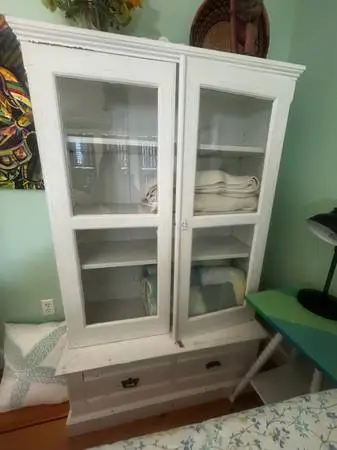 Antique White Painted Linen Cabinet / Bookcase — Glass Doors | Shell Carved Co
