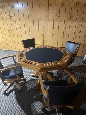 Poker table with reversible top & 4 leather chairs