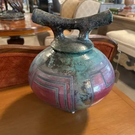 Raku Art Pottery Lidded Vase - Signed -12X15H