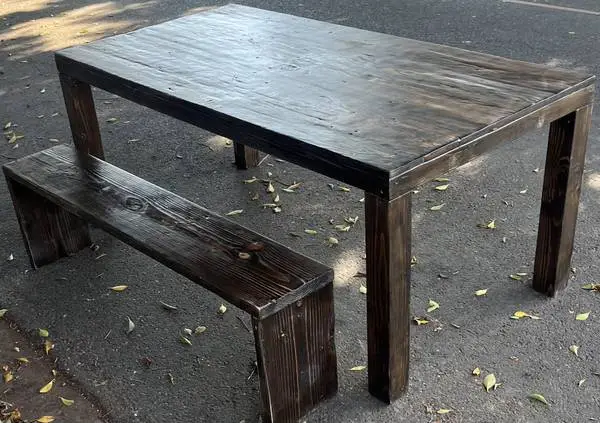 Reclaimed wood dining table and two bench set